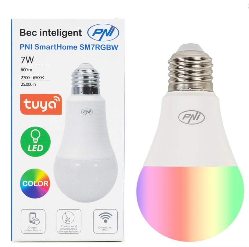 PNI SmartHome SM7RGBW LED spuldze 7W regulējama RGBW gaisma, programmējams WiFi, interneta vadība, Tuya Smart App, saderīga ar Amazon Alexa un Google Home