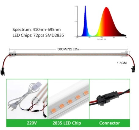 LED augu audzēšanas gaismeklis 7W 50cm, 220V, savienojams līdz 6 gab, bez strāvas kabeļa