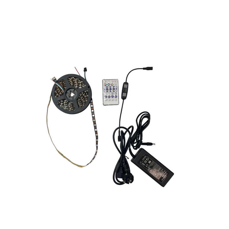 Цена на 5m_SMART LED RGB IC 5V лента IP20 60led/m, WS2812, в комплекте с блоком питания, контроллер с пультом ДУ, совместим с приложениями, аудиоприемник