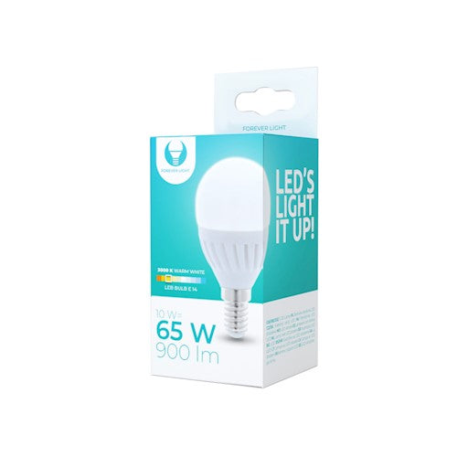 E14 10W(900Lm) LED keramiska spuldze, G45, IP20, silti balta gaisma 3000K