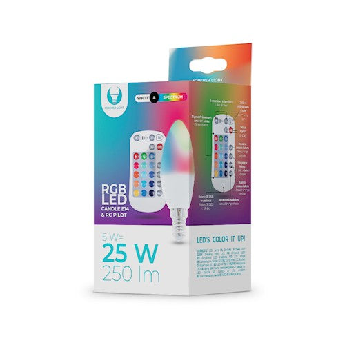 E14 5W(250Lm) LED Spuldze, C37, RGB+W, silti balta gaisma 3000K