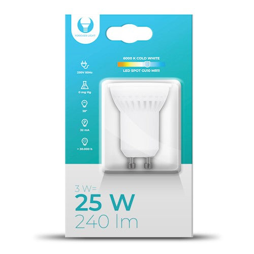 GU10 3W(240Lm) LED-lampa, MR11, keramik, kallvitt ljus 6000K
