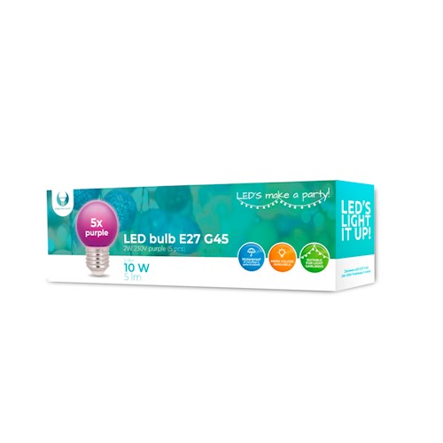 E27 2W LED-pirn G45 230v lilla 5tk Forever Light veekindel