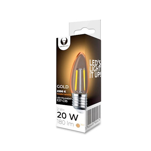 E27 2W(180Lm) LED Filament spuldze C35, silti balta gaisma 2200K