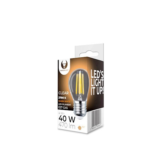 E27 4W (470Lm) LED hõõglamp, G45, COG läbipaistev, soe valge valgus 2700K