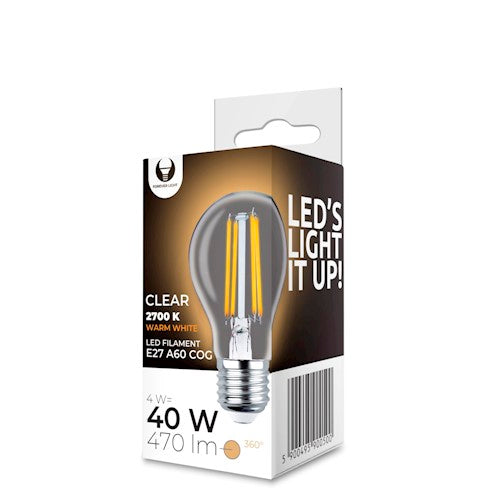 E27 4W (470Lm) LED hõõglamp, A60, COG läbipaistev, soe valge valgus 2700K