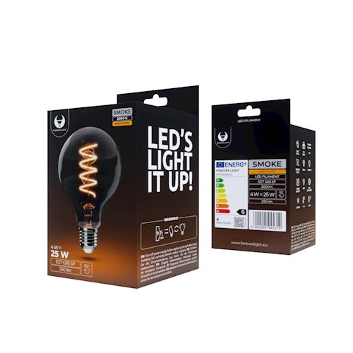 E27 4W(250Lm) LED Filament spuldze, G95, IP20, dūmu krāsā, silti balta gaisma 2000K