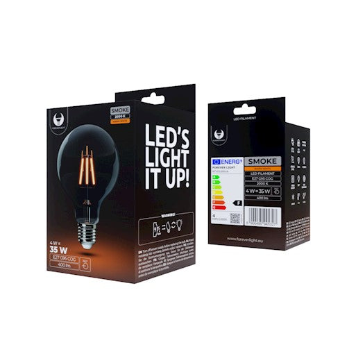 E27 4W(400Lm) LED Filament spuldze, G95, IP20, dūmu krāsā, silti balta gaisma 2000K
