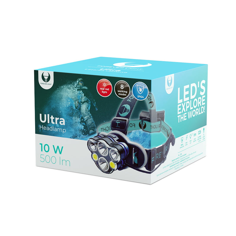 LED headlamp Ultra with diodes T6 10W (XP-E 2x 3W), 2x Li-Ion batteries included (15-30min operating time)