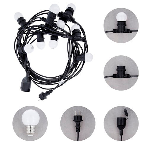 12 m LED-ljusslinga med 10 medföljande olikfärgade glödlampor 2W E27 G45 rosa, blå, vita glödlampor, IP65, upp till 10 ljusslingor kan seriekopplas