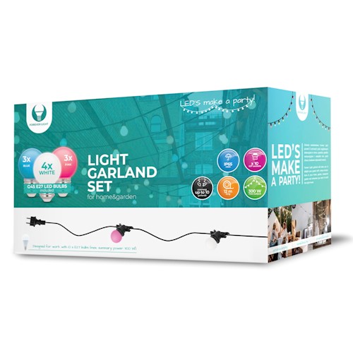 12 m LED-ljusslinga med 10 medföljande olikfärgade glödlampor 2W E27 G45 rosa, blå, vita glödlampor, IP65, upp till 10 ljusslingor kan seriekopplas