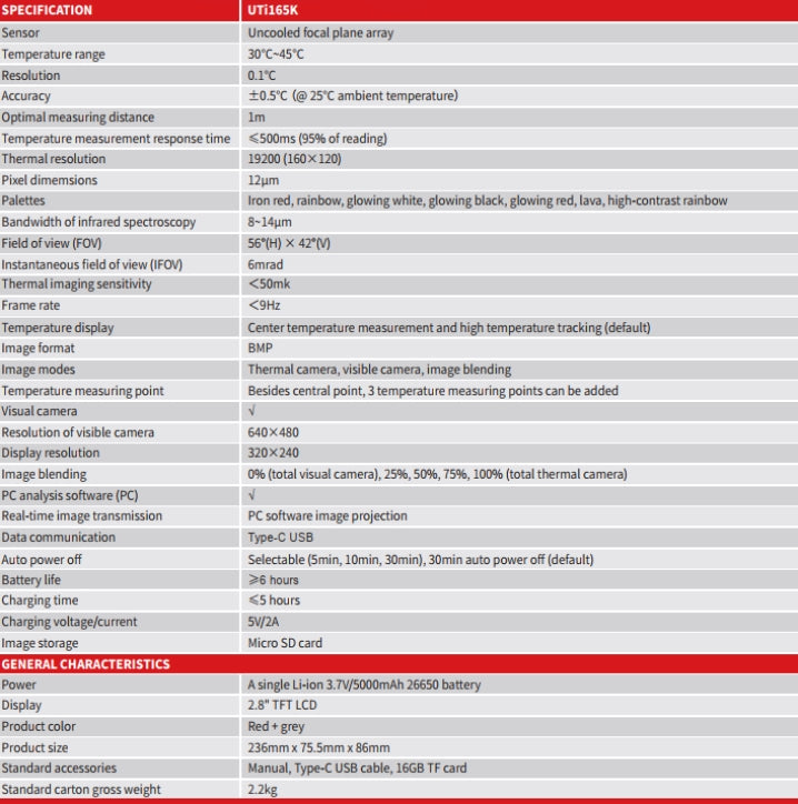 Värmekamera, temperaturområde:30℃~45℃, 160x120 upplösning, 2,8" skärm, monitoranslutning, Uni-T