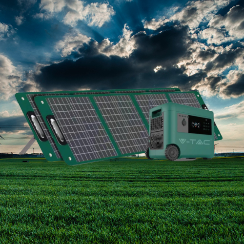 The 120W solar panel can be connected to V-TAC charging stations and other equipment. Easily folds up with a carrying bag. Resistant to water and dust