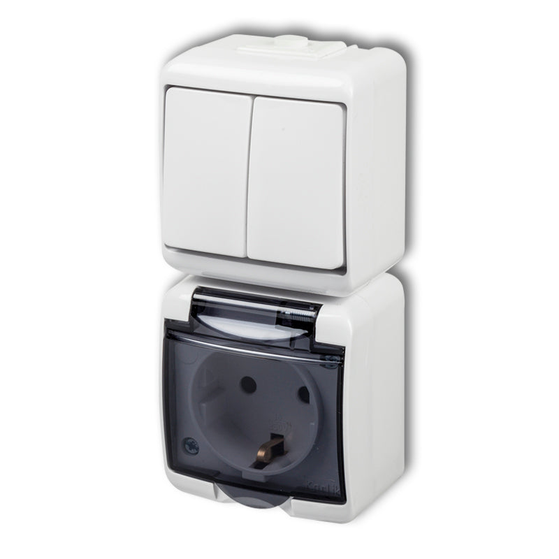 Two-circuit switch with one earthed socket SCHUKO 2P+Z (shaded transparent cover; without child protection)