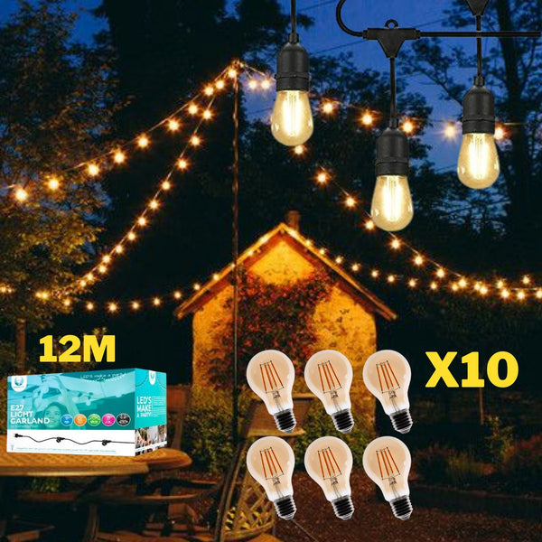 12 meters waterproof string complete with 10 bulbs LED filament 4W(320Lm) A60-shaped amber tone bulbs, warm white light 2200K, string with EU plug at the beginning and hermetic socket at the end