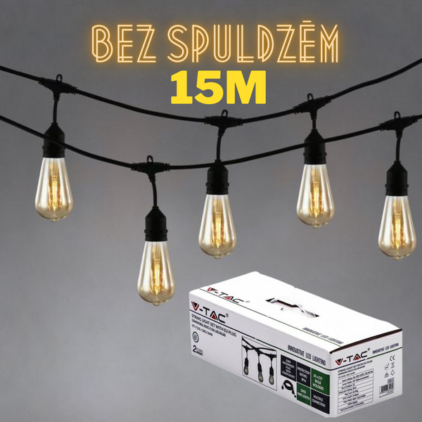 15m E27 bulb socket string, distance between sockets 1m x15 sockets, bulbs not included, waterproof IP65, AC220-240V, 2.68kg, black, with 220V socket at the end and plugs at the beginning, it is possible to connect several in a series