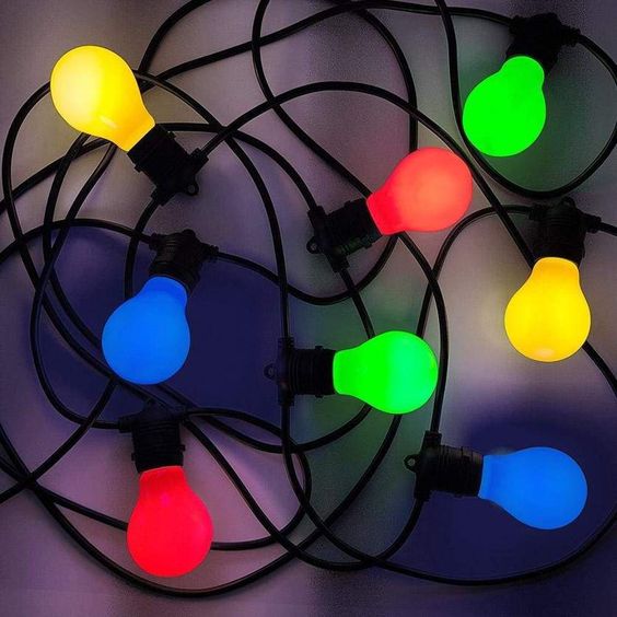 12m LED string with 10 different color bulbs included 2W E27 G45 pink, blue, white bulbs, IP65, can connect up to 10 strings in a string