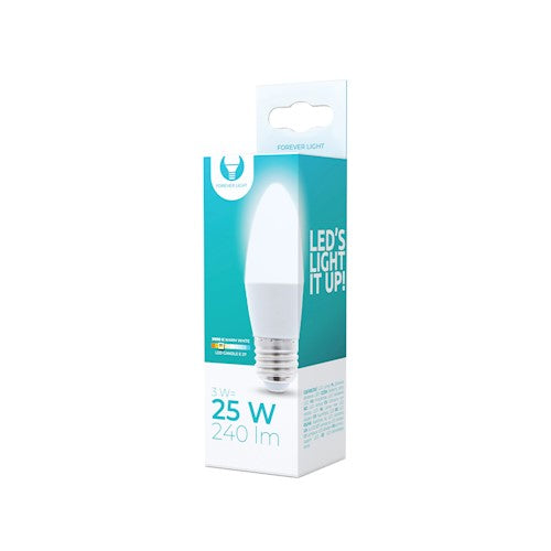 E27 3W(240Lm) LED Spuldze, IP20, C37, sveces forma, silti balta gaisma 3000K