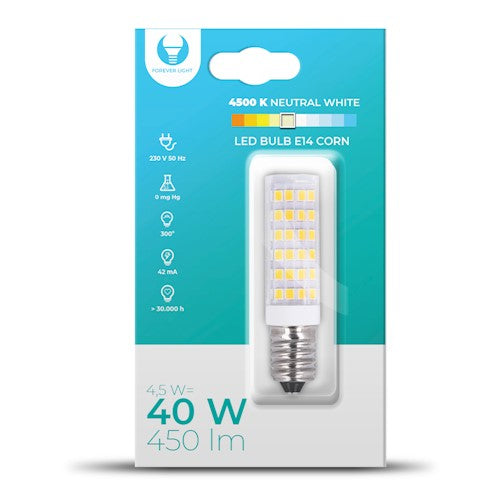 E14 4.5W(450Lm) LED spuldze. IP20, 42mA, neitrāli balta gaisma 4500K