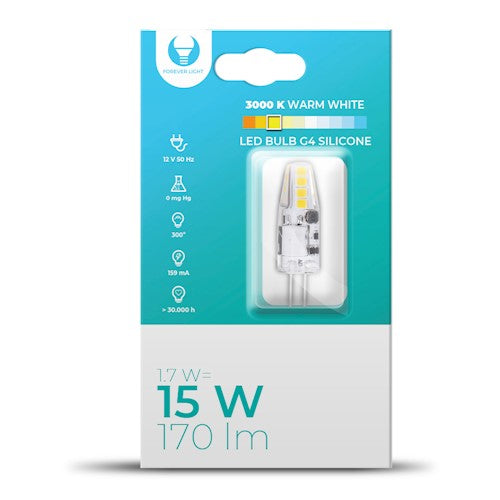 G4 2W(170Lm) 12V LED spuldze, silikona, IP20, silti balta gaisma 3000K