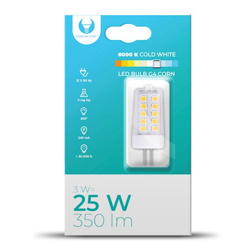 G4 3W(350Lm) 12V LED-lampa, IP20, kallvitt ljus 6000K