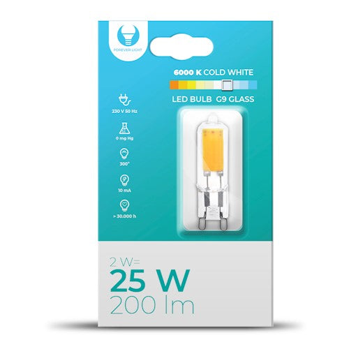G9 2W(200Lm) LED Bulb, glass, IP20, cold white light 6000K