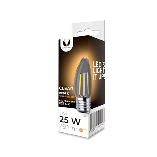 E27 2W(250Lm) LED hõõglamp, C35, COG läbipaistev, soe valge valgus 2700K