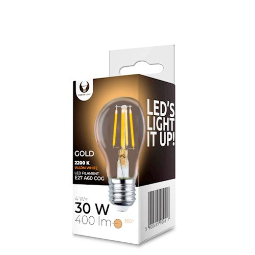 E27 4W(400Lm) LED Filament spuldze, A60, COG Gold, silti balta gaisma 2200K