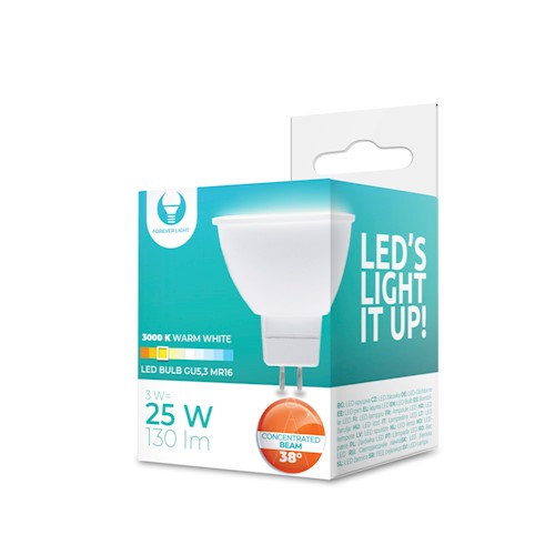 GU5.3 3W(130Lm) 12V, 38° LED bulb, IP20, warm white light 3000K
