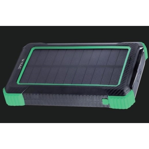 10000mAh (37Wh) solar wireless charging power bank with built-in flashlight. 2x USB-A outputs for charging various devices.